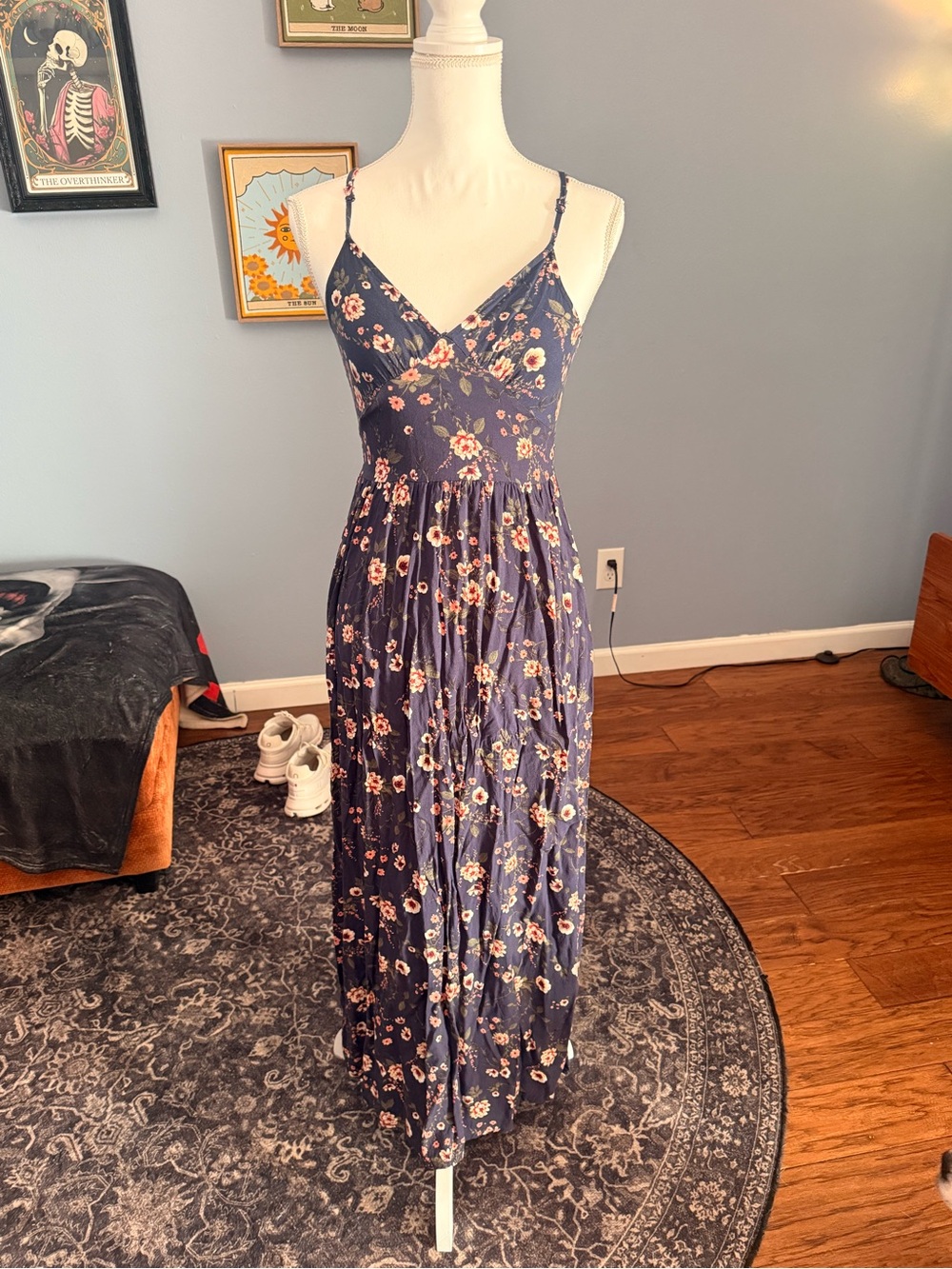 Navy Floral Spaghetti-Strap Maxi Dress